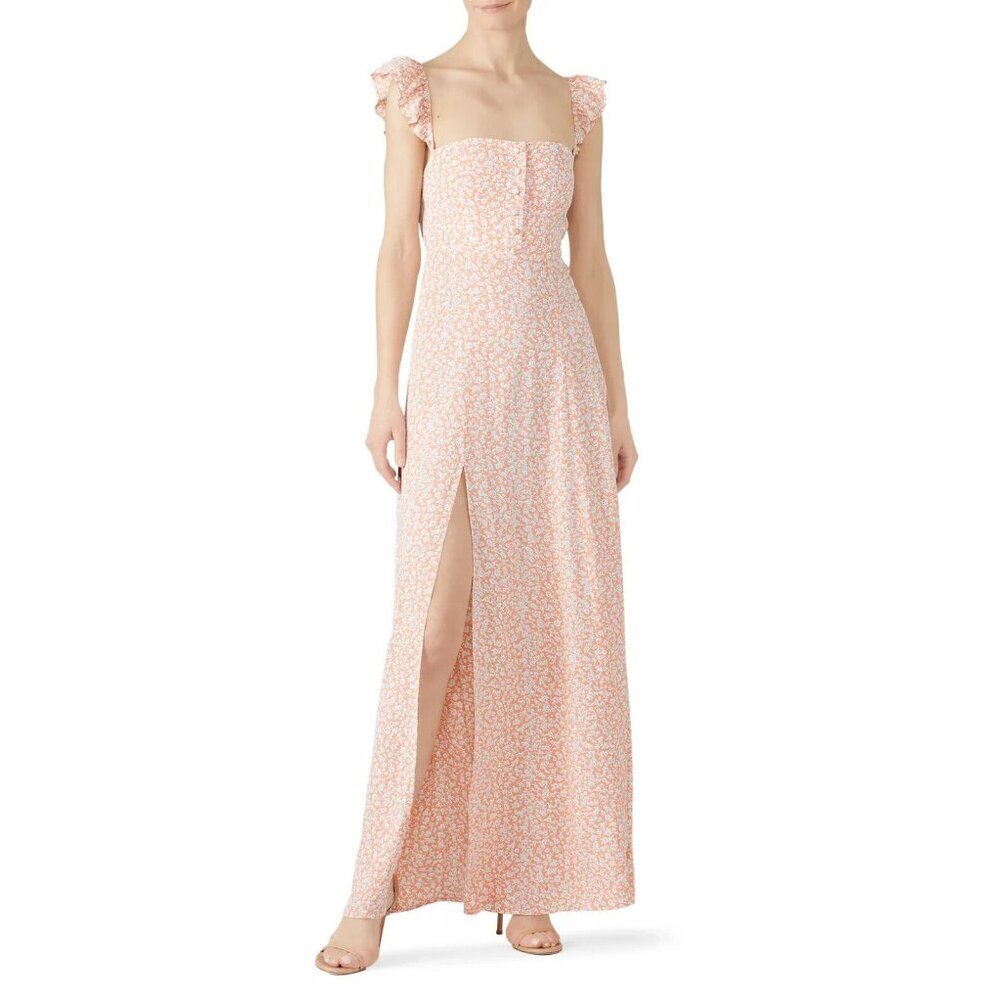Flynn Skye Women's S Floral‎ Slit Maxi Dress Peach Ruffle Cottagecore